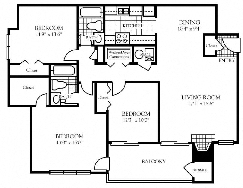 3 bedroom floor plan | Nashboro Village Apartment Homes Nashville TN